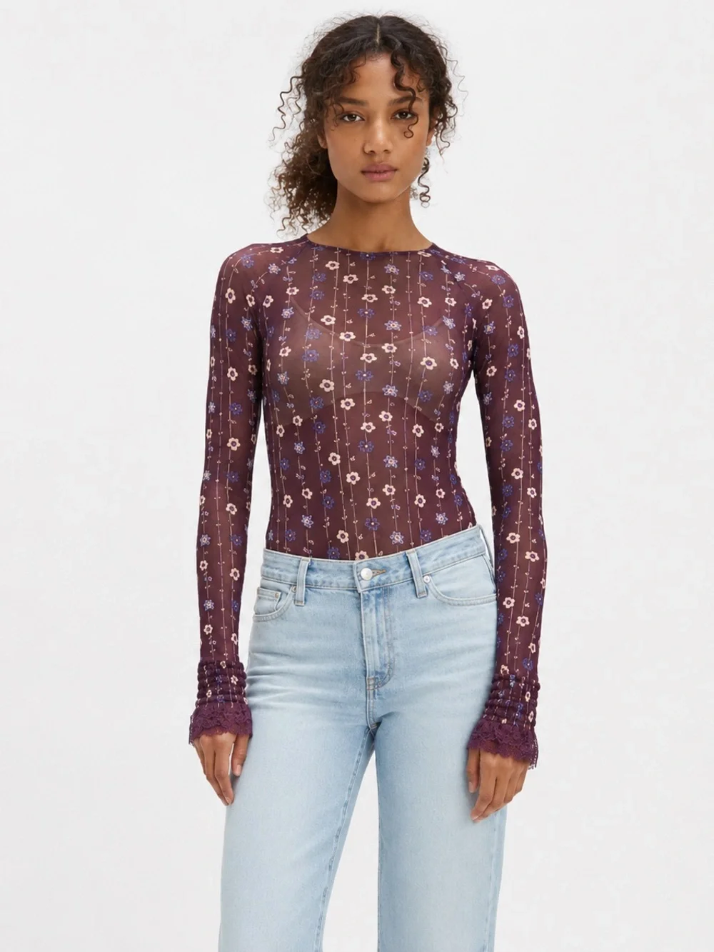 Free People Up All Night Printed Bodysuit Plum Floral Mesh Women Size M
